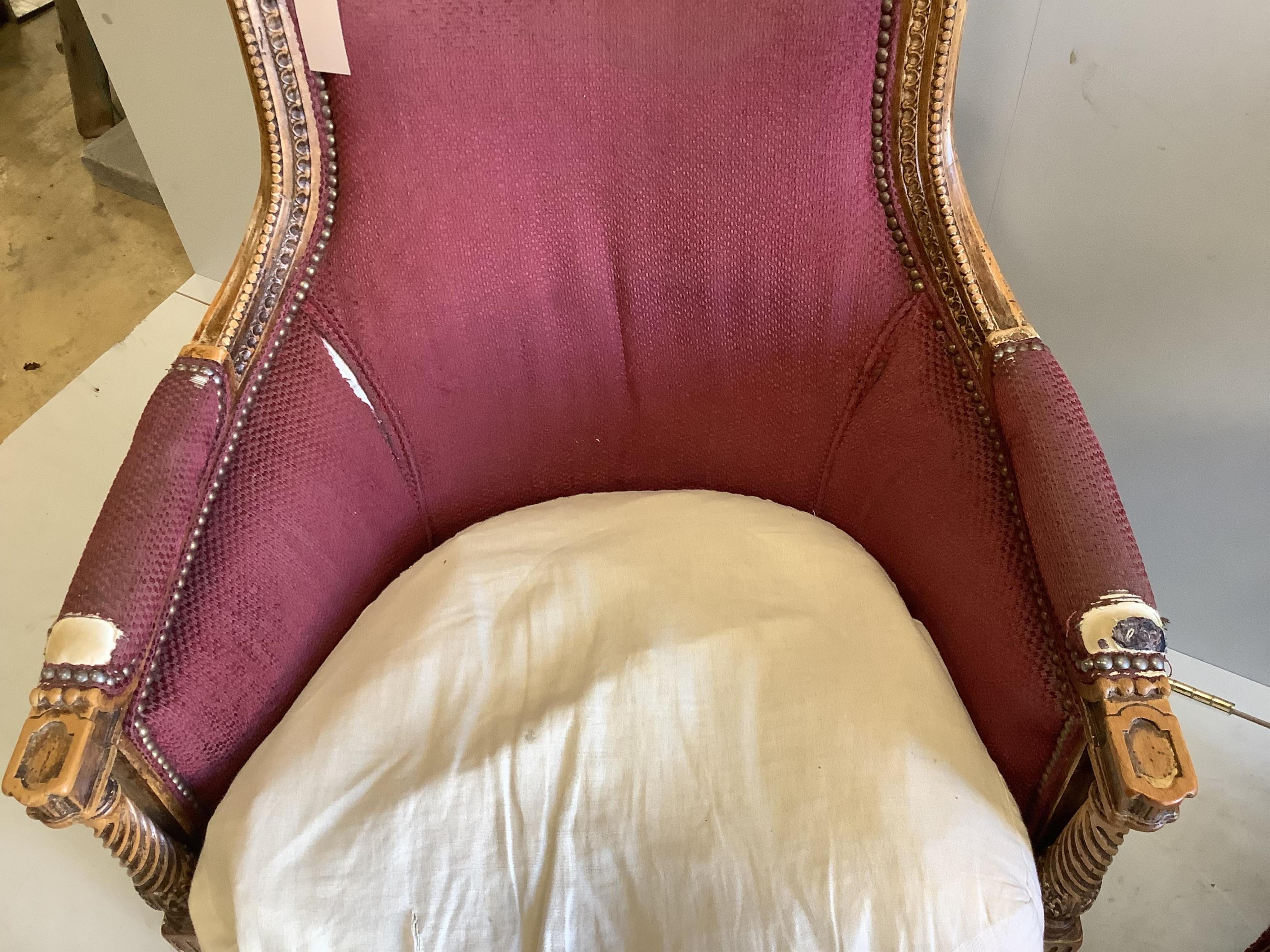 A pair of Louis XVI style beech armchairs, width 68cm, depth 52cm, height 89cm. Condition - poor